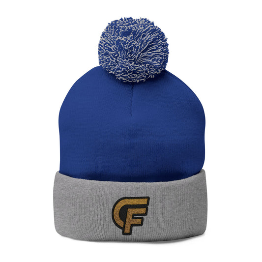 Embroidered Pom-Pom Knit Cap — Gray Beanie with Gold 'F' Logo