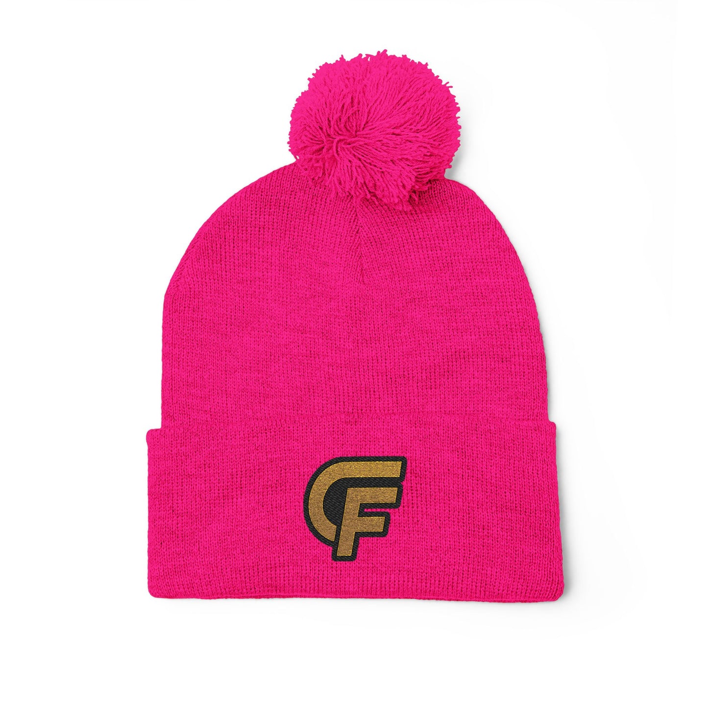 Embroidered Pom-Pom Knit Cap — Gray Beanie with Gold 'F' Logo