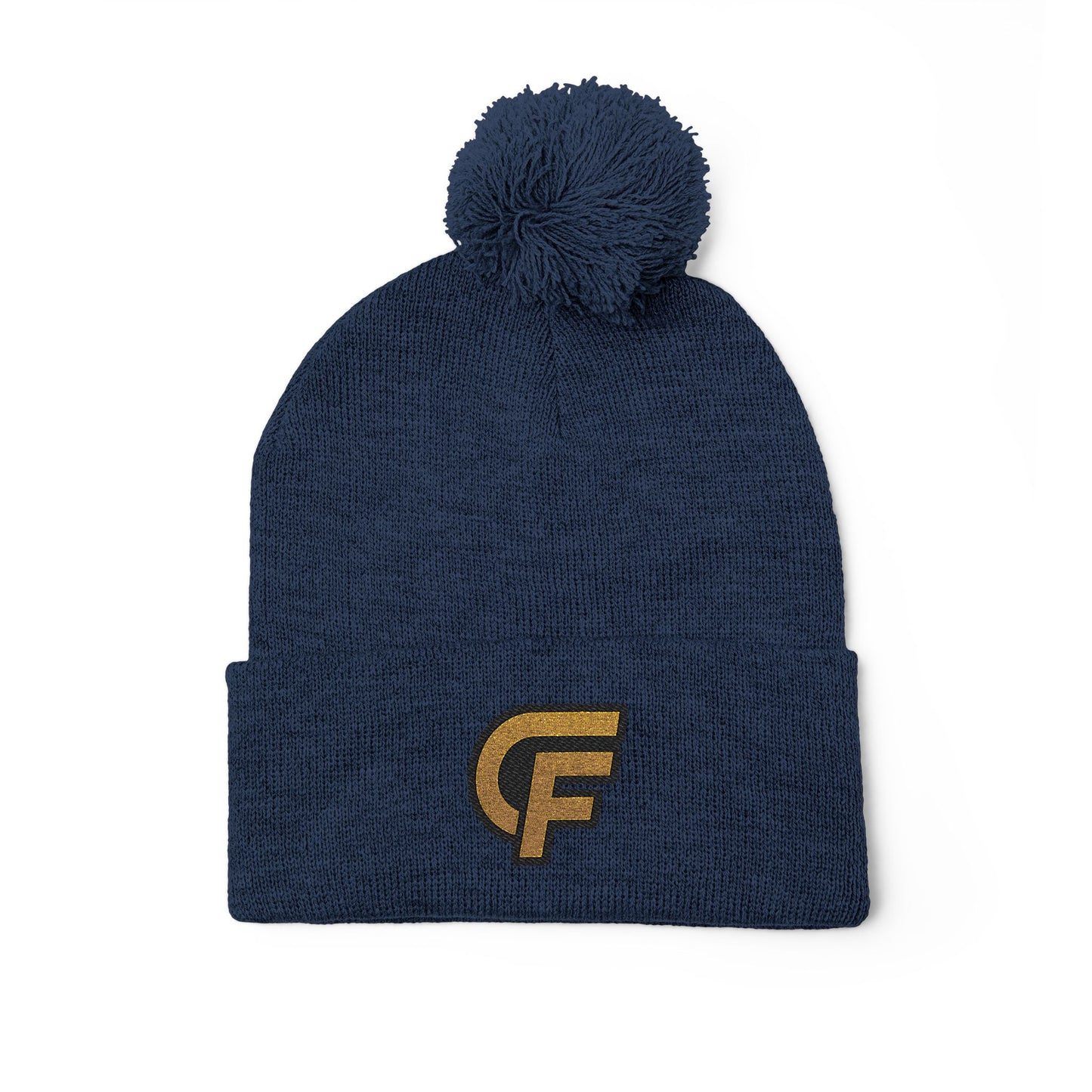 Embroidered Pom-Pom Knit Cap — Gray Beanie with Gold 'F' Logo
