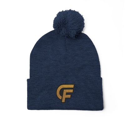 Embroidered Pom-Pom Knit Cap — Gray Beanie with Gold 'F' Logo