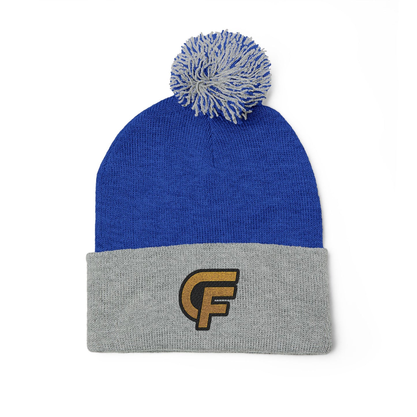 Embroidered Pom-Pom Knit Cap — Gray Beanie with Gold 'F' Logo