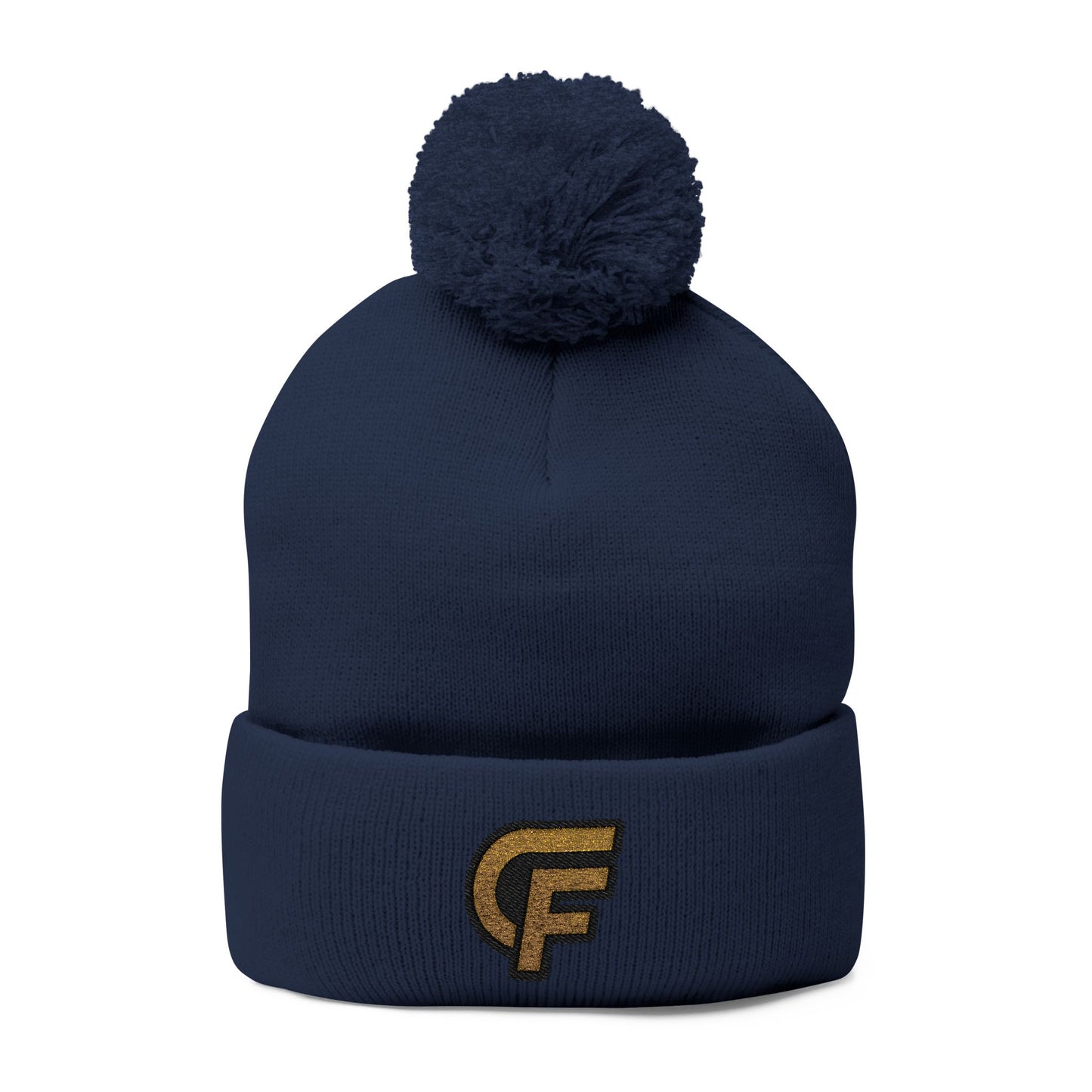 Embroidered Pom-Pom Knit Cap — Gray Beanie with Gold 'F' Logo