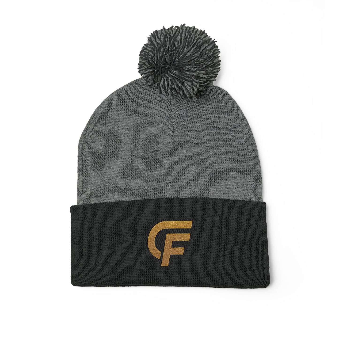 Embroidered Pom-Pom Knit Cap — Gray Beanie with Gold 'F' Logo