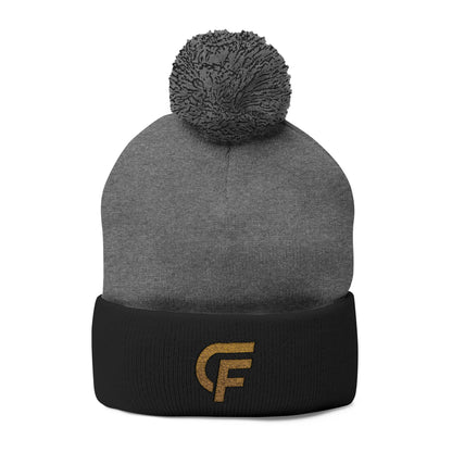 Embroidered Pom-Pom Knit Cap — Gray Beanie with Gold 'F' Logo