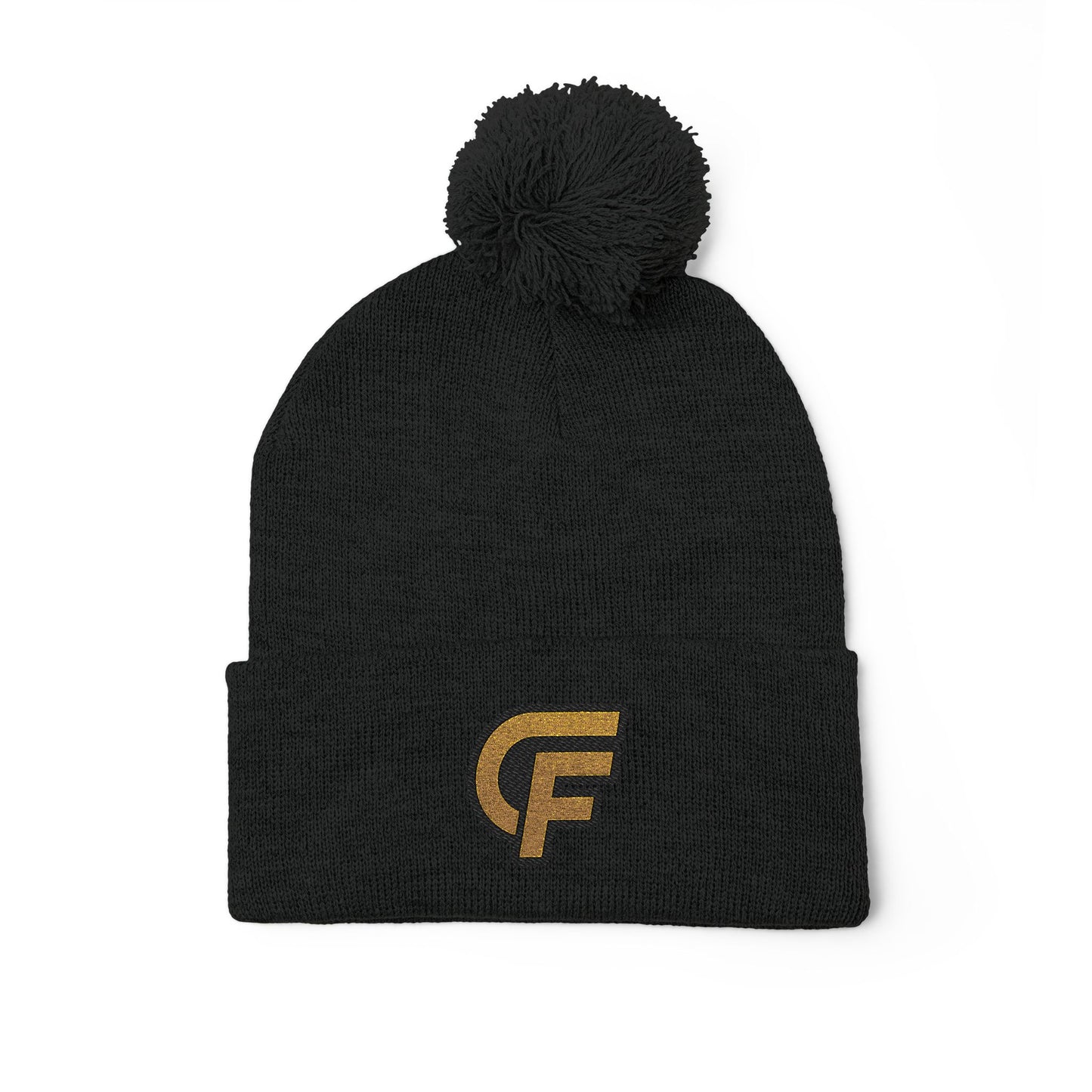 Embroidered Pom-Pom Knit Cap — Gray Beanie with Gold 'F' Logo