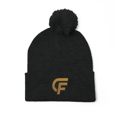Embroidered Pom-Pom Knit Cap — Gray Beanie with Gold 'F' Logo