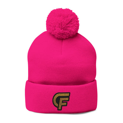 Embroidered Pom-Pom Knit Cap — Gray Beanie with Gold 'F' Logo