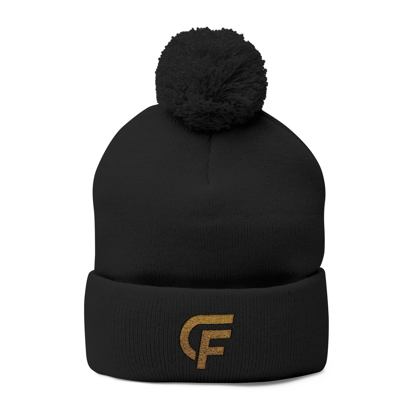 Embroidered Pom-Pom Knit Cap — Gray Beanie with Gold 'F' Logo