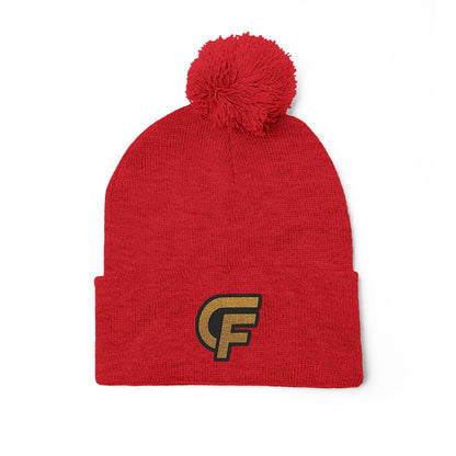 Embroidered Pom-Pom Knit Cap — Gray Beanie with Gold 'F' Logo