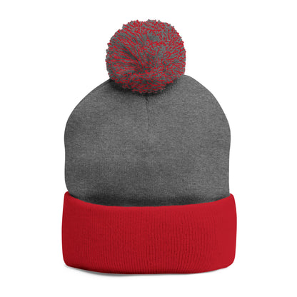 Embroidered Pom-Pom Knit Cap — Gray Beanie with Gold 'F' Logo