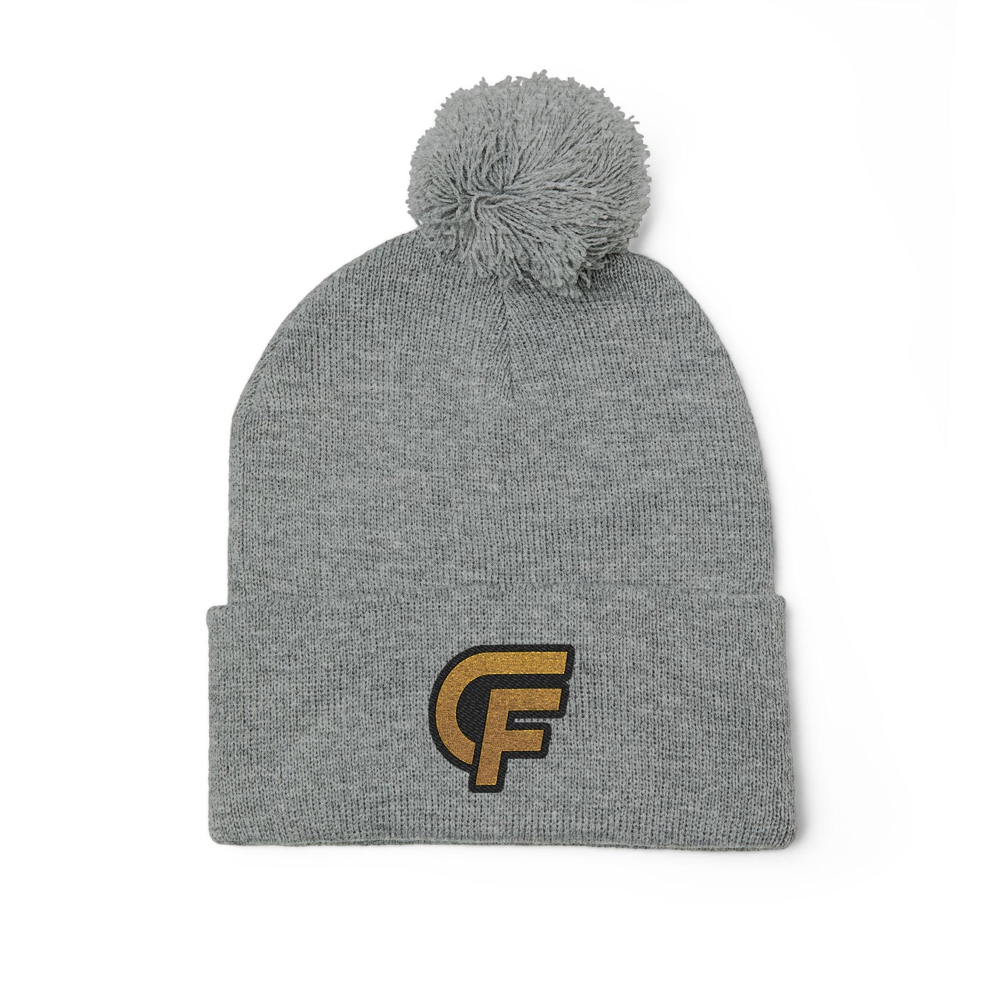 Embroidered Pom-Pom Knit Cap — Gray Beanie with Gold 'F' Logo