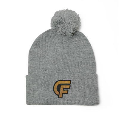 Embroidered Pom-Pom Knit Cap — Gray Beanie with Gold 'F' Logo