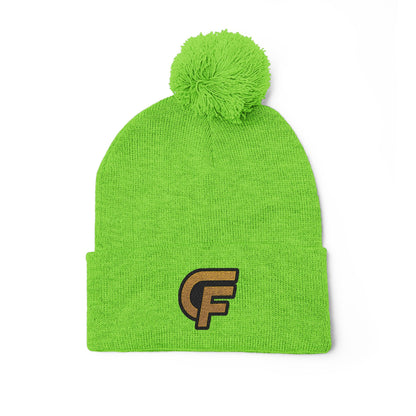 Embroidered Pom-Pom Knit Cap — Gray Beanie with Gold 'F' Logo