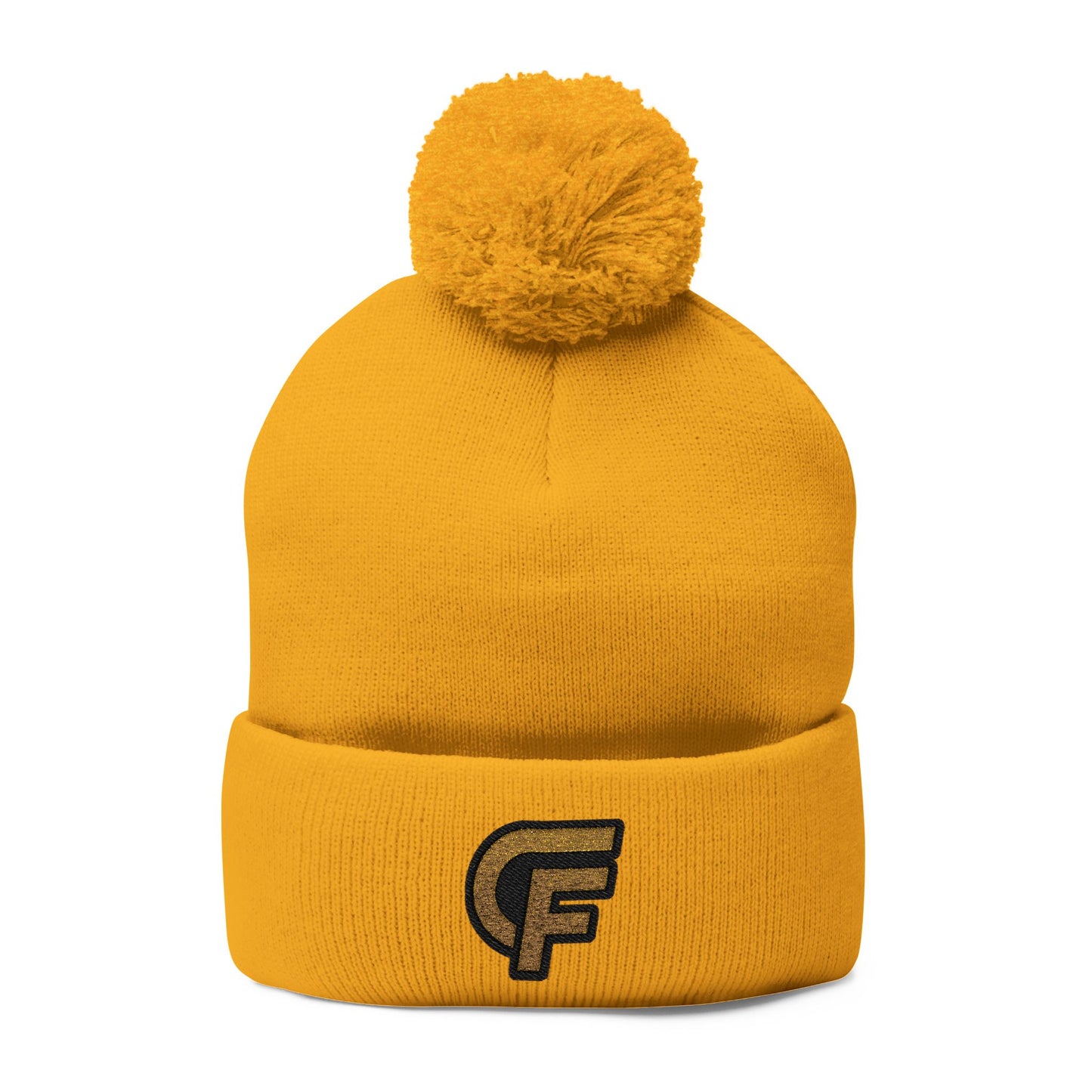 Embroidered Pom-Pom Knit Cap — Gray Beanie with Gold 'F' Logo