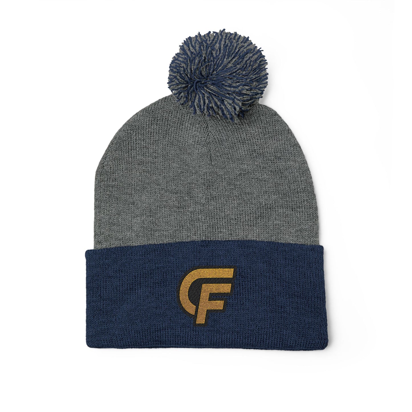 Embroidered Pom-Pom Knit Cap — Gray Beanie with Gold 'F' Logo