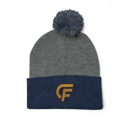 Embroidered Pom-Pom Knit Cap — Gray Beanie with Gold 'F' Logo