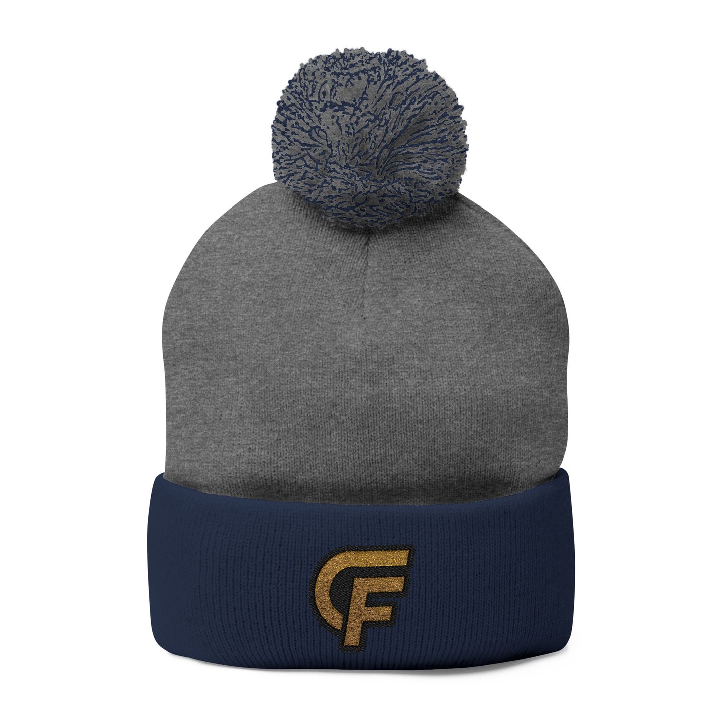 Embroidered Pom-Pom Knit Cap — Gray Beanie with Gold 'F' Logo