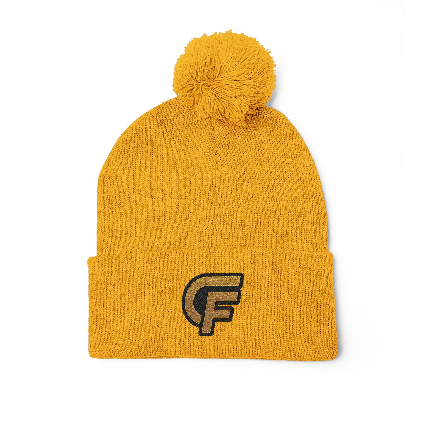 Embroidered Pom-Pom Knit Cap — Gray Beanie with Gold 'F' Logo