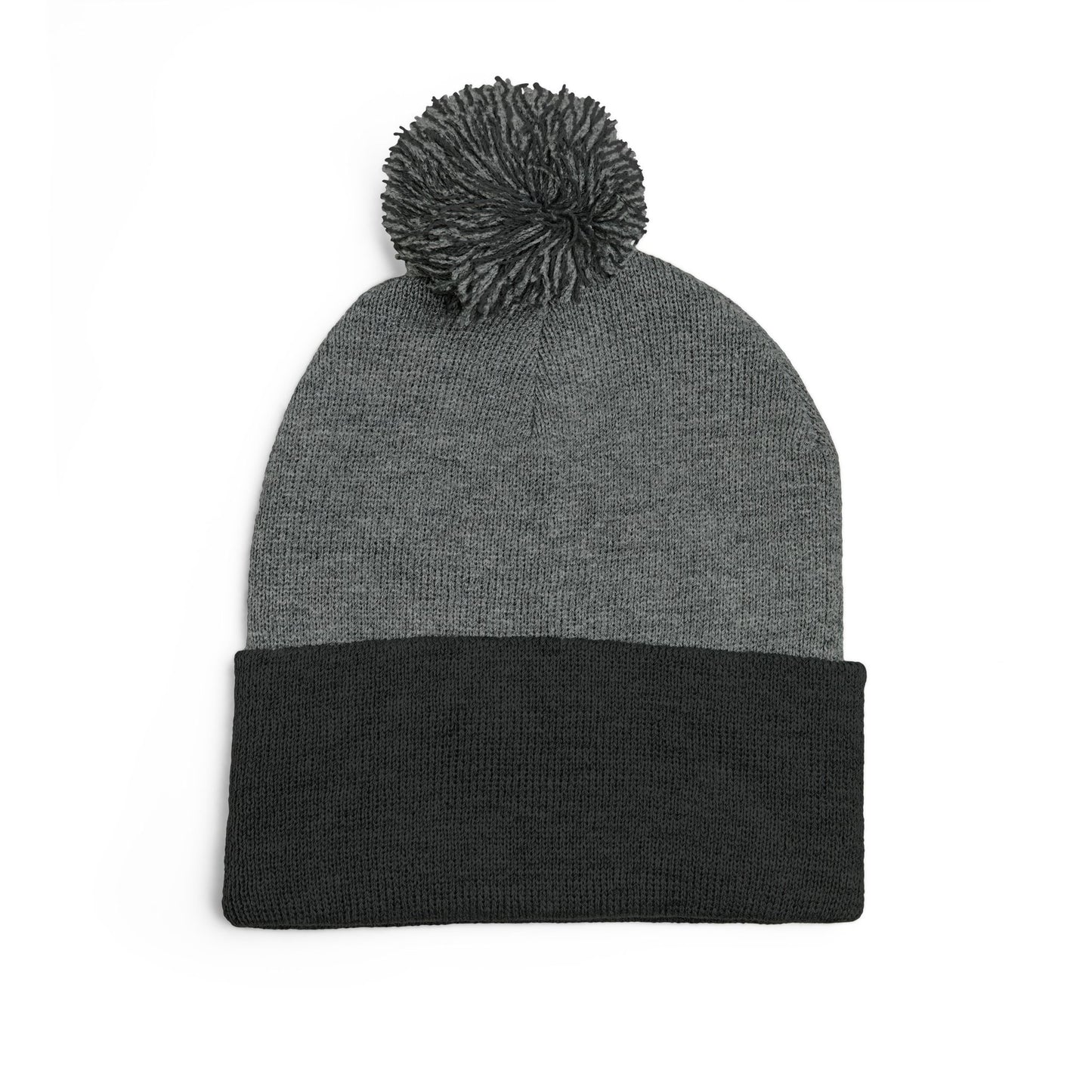 Embroidered Pom-Pom Knit Cap — Gray Beanie with Gold 'F' Logo