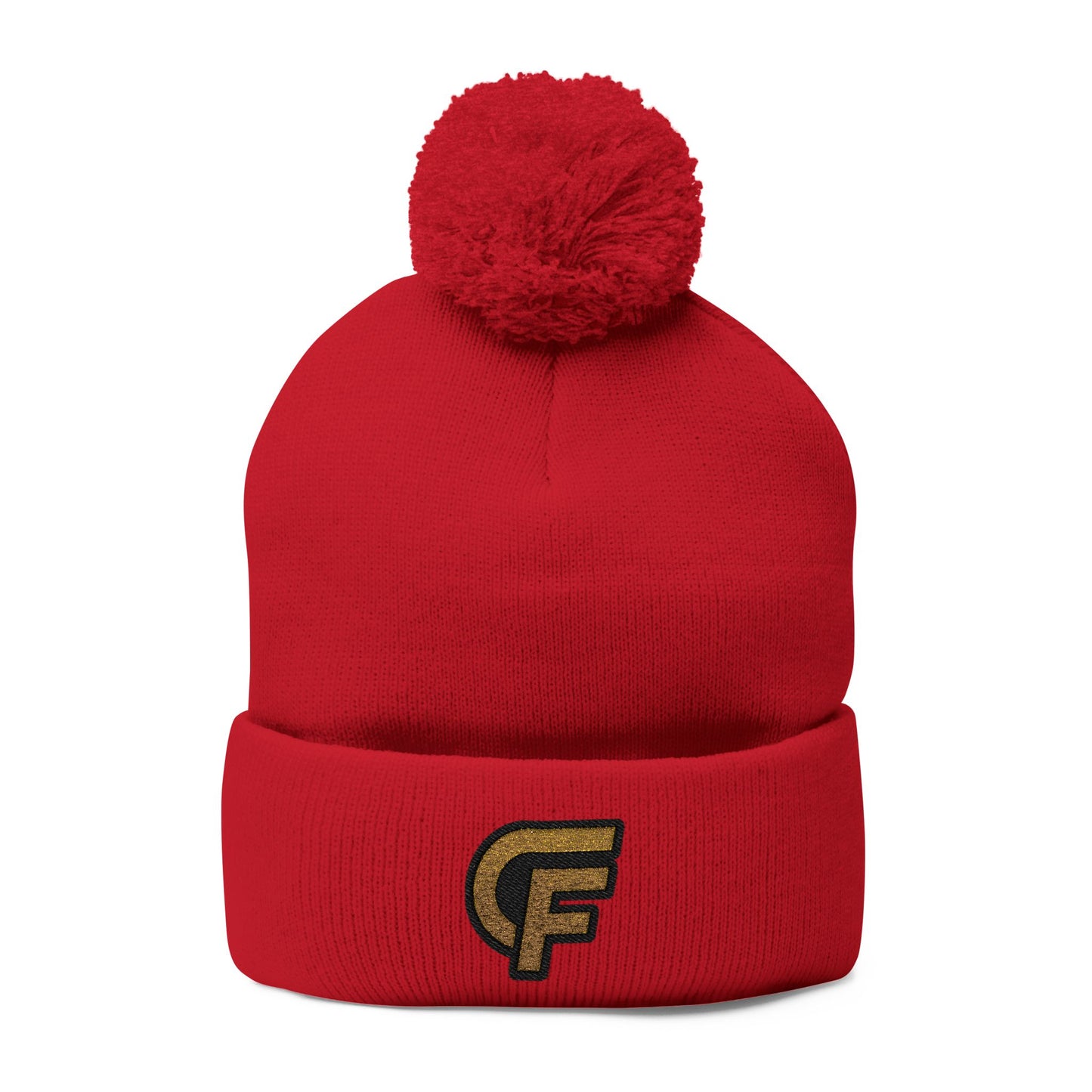 Embroidered Pom-Pom Knit Cap — Gray Beanie with Gold 'F' Logo