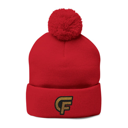 Embroidered Pom-Pom Knit Cap — Gray Beanie with Gold 'F' Logo