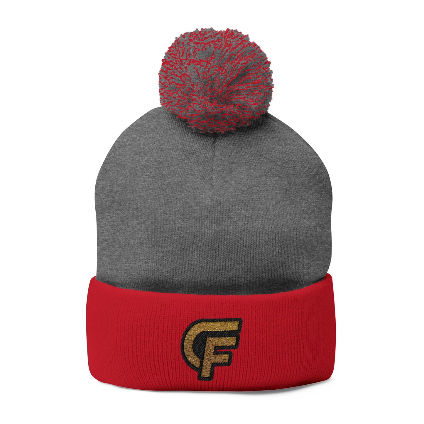 Embroidered Pom-Pom Knit Cap — Gray Beanie with Gold 'F' Logo