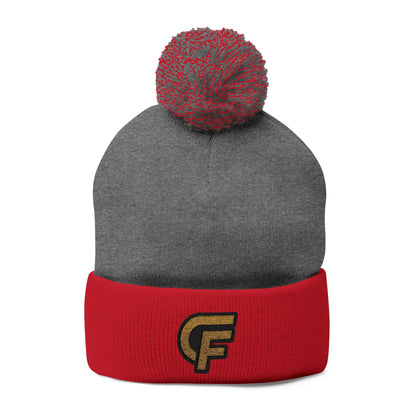 Embroidered Pom-Pom Knit Cap — Gray Beanie with Gold 'F' Logo