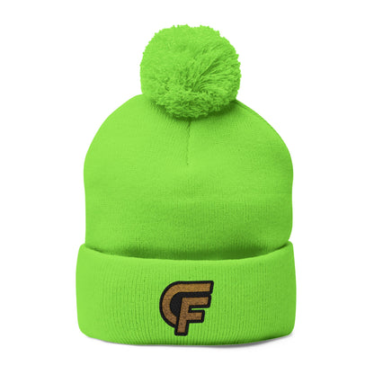 Embroidered Pom-Pom Knit Cap — Gray Beanie with Gold 'F' Logo