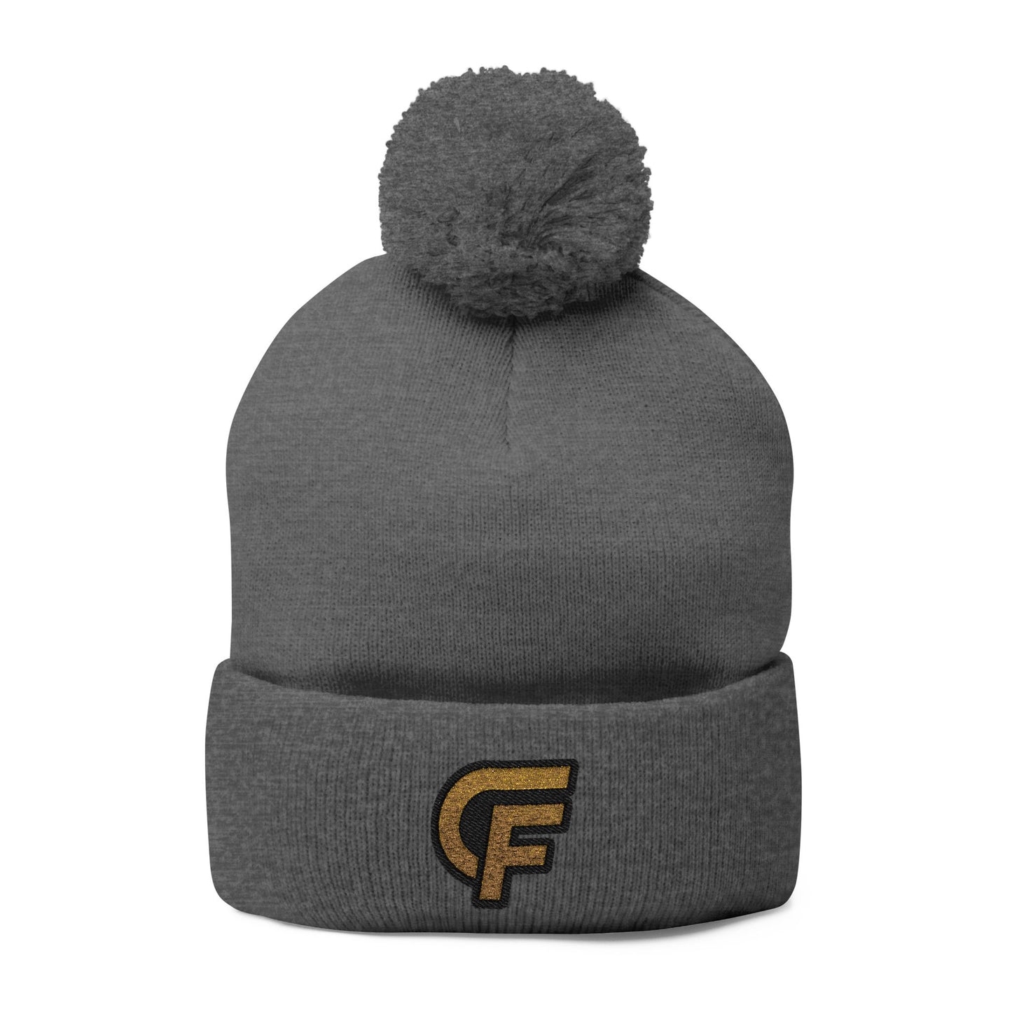 Embroidered Pom-Pom Knit Cap — Gray Beanie with Gold 'F' Logo
