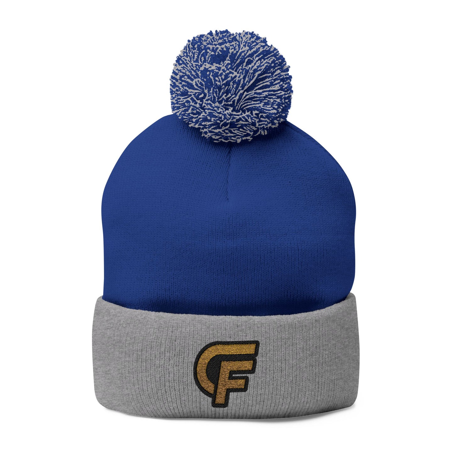 Embroidered Pom-Pom Knit Cap — Gray Beanie with Gold 'F' Logo