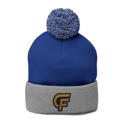 Embroidered Pom-Pom Knit Cap — Gray Beanie with Gold 'F' Logo