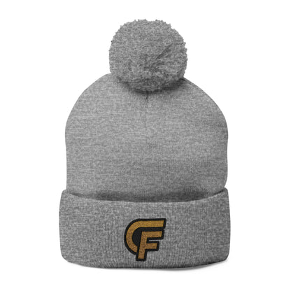 Embroidered Pom-Pom Knit Cap — Gray Beanie with Gold 'F' Logo