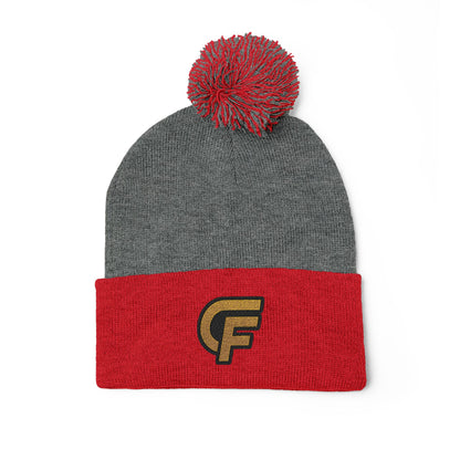 Embroidered Pom-Pom Knit Cap — Gray Beanie with Gold 'F' Logo