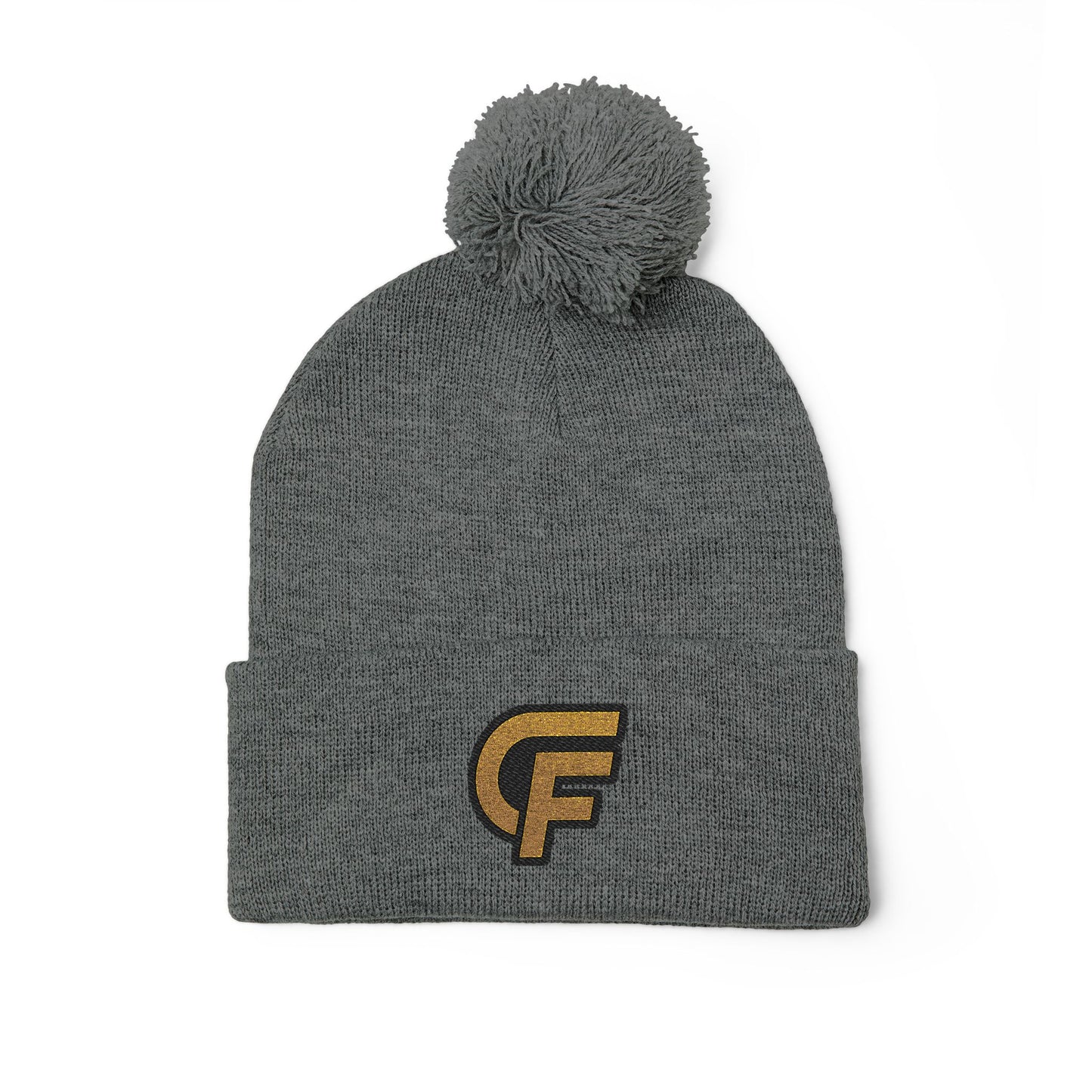 Embroidered Pom-Pom Knit Cap — Gray Beanie with Gold 'F' Logo