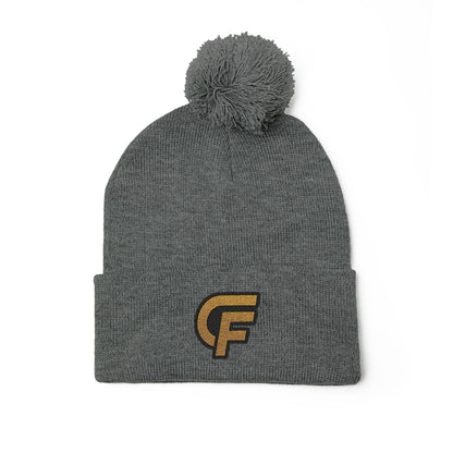 Embroidered Pom-Pom Knit Cap — Gray Beanie with Gold 'F' Logo