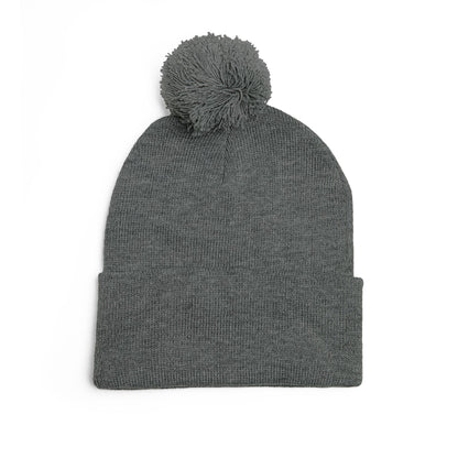Embroidered Pom-Pom Knit Cap — Gray Beanie with Gold 'F' Logo